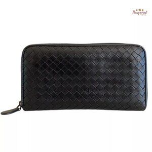 Authentic Bottega Veneta Black Intrecciato Woven Nappa Leather Zip Around Wallet